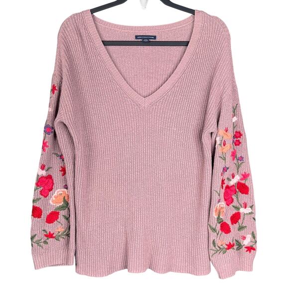 AMERICAN EAGLE S Lavender VNeck Sweater Floral Embroidered Cozy Cottage Feminine - Picture 1 of 9